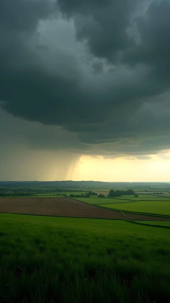 HD Stormy Countryside Wallpaper: A captivating scene of a rain shower over lush green fields under a stormy sky.