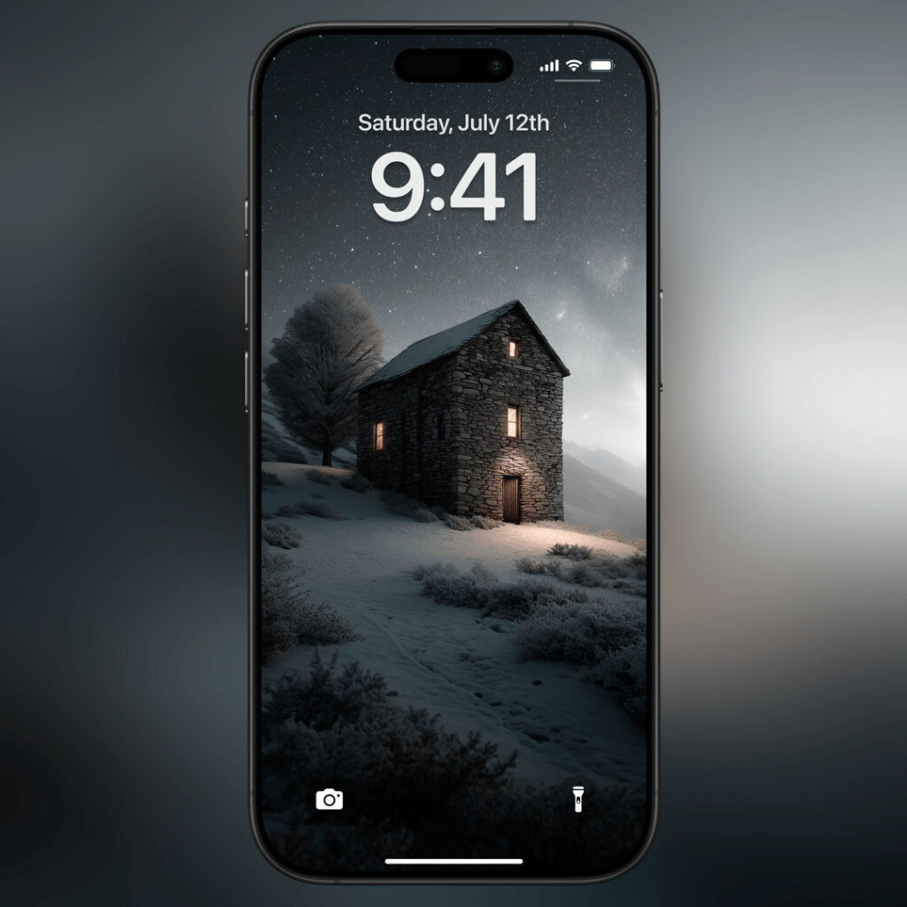 HD Winter Cabin Wallpaper Mockup: See how this stunning winter cabin scene looks on an iPhone screen.