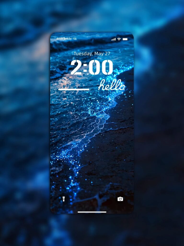 8K Bioluminescent Ocean Wallpaper Mockup: See this stunning wallpaper displayed on an iPhone, showcasing its vibrant colors and high resolution.