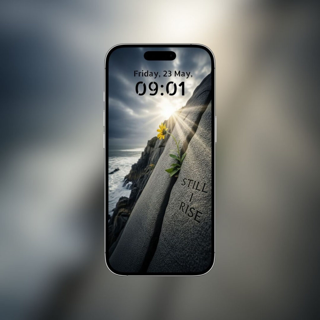 4K Motivational Resilience Wallpaper Mockup: The wallpaper displayed on a phone screen, showcasing the yellow flower and "Still I Rise" inscription.