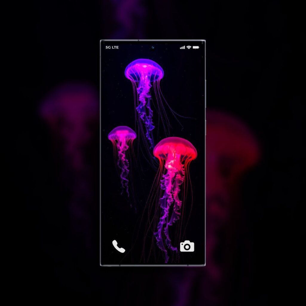 HD Neon Jellyfish Wallpaper Mockup: Displaying the wallpaper on a phone screen, showing its vivid colors and how it complements a device's interface.