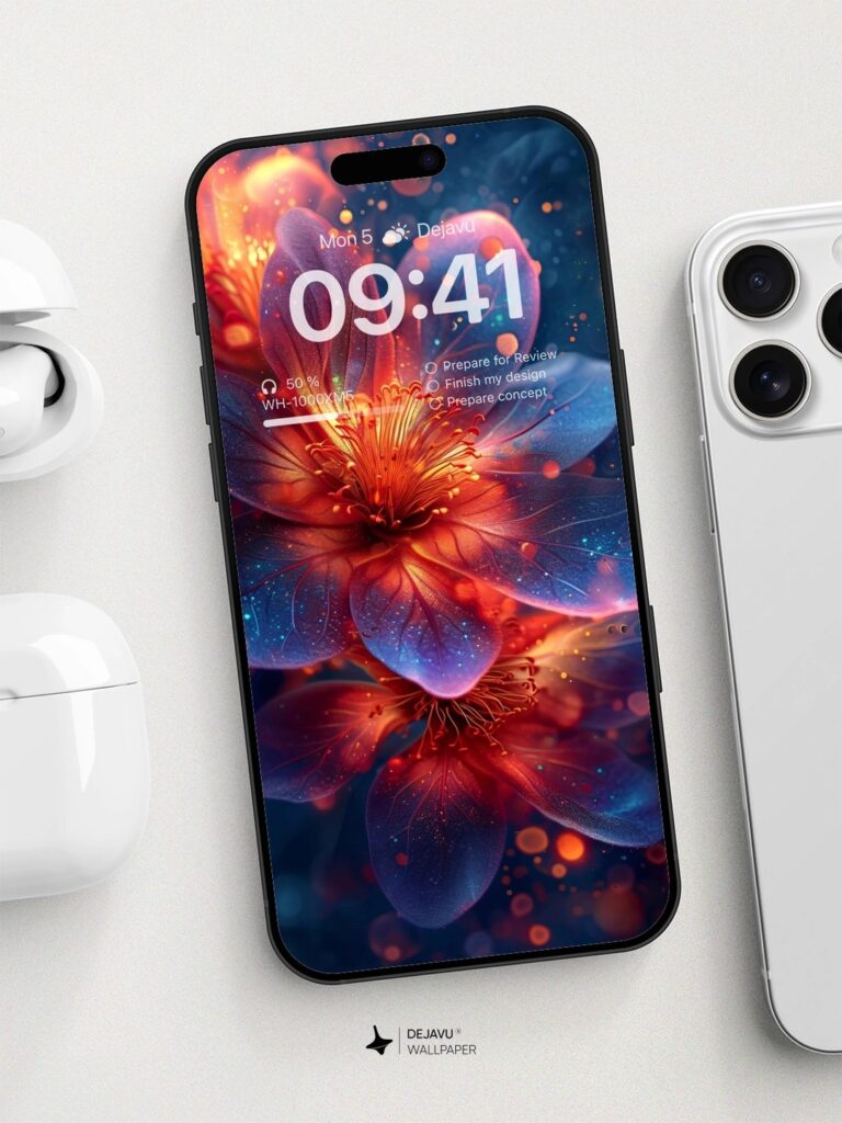 8K Glowing Floral Bloom Wallpaper Mockup: Displaying the wallpaper on a modern smartphone screen, showcasing its vibrant colors and high resolution.