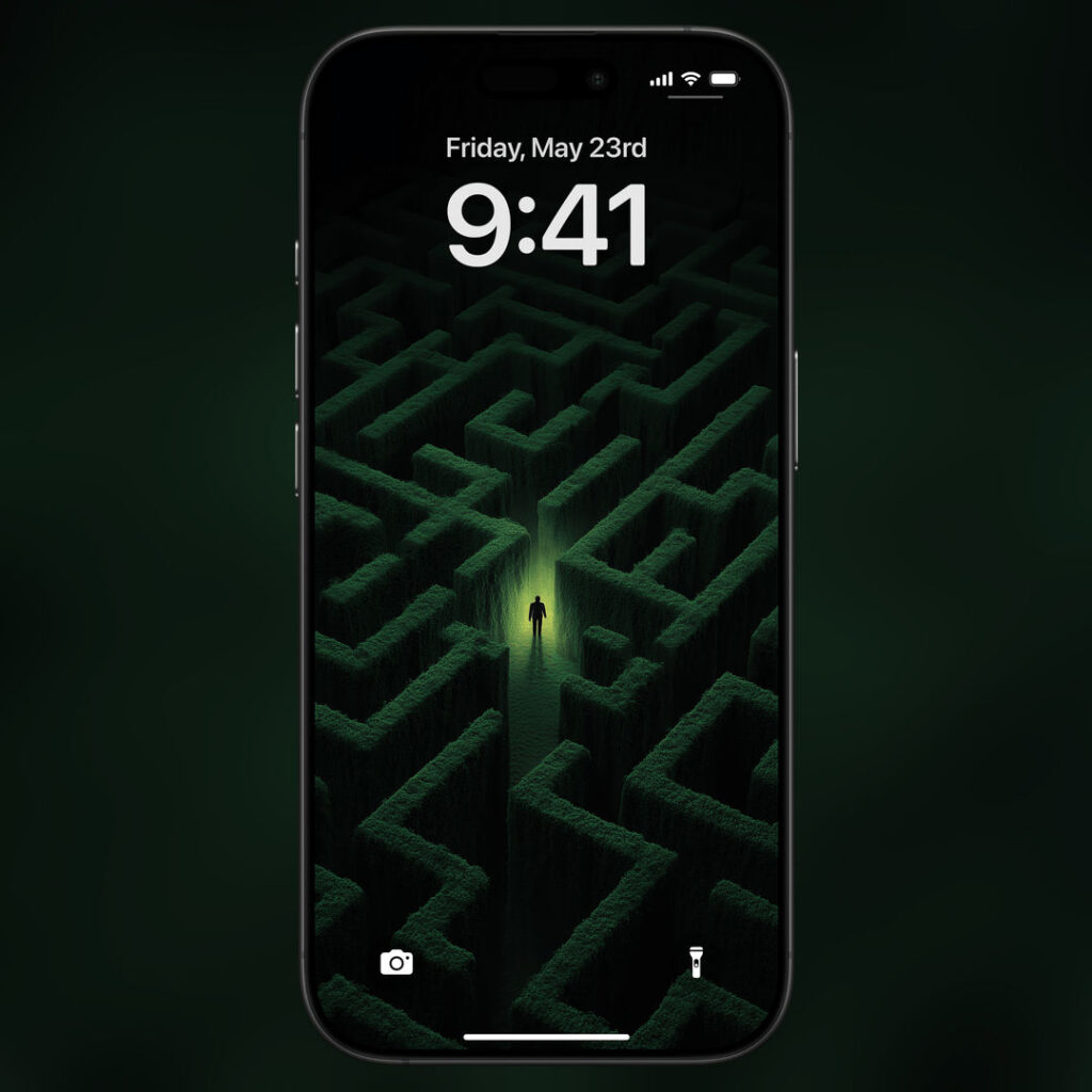 4K Dark Maze Wallpaper Mockup: See how this mesmerizing wallpaper looks on an iPhone, with the lone figure at the center of the maze.