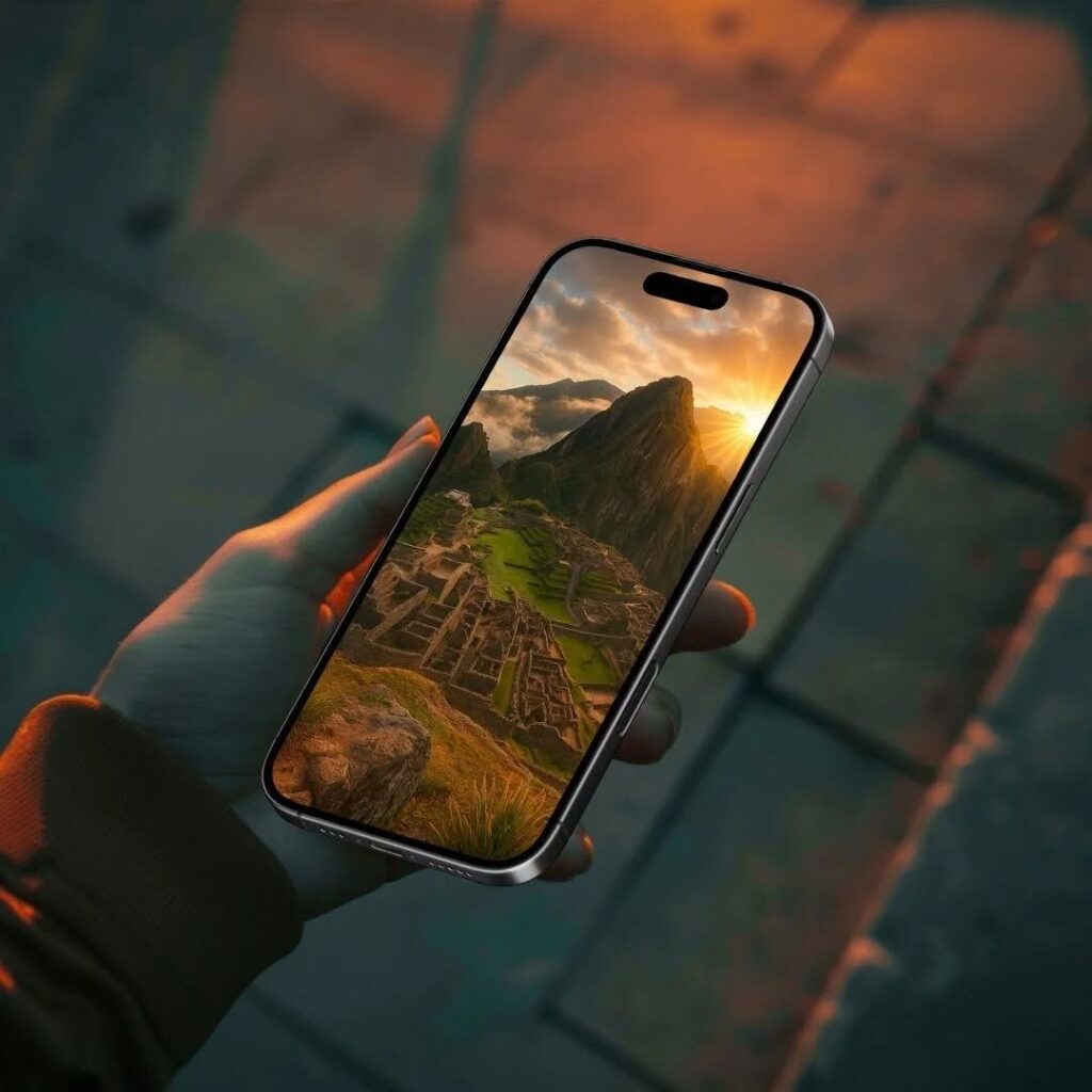 4K Majestic Machu Picchu Wallpaper Mockup: See how this stunning wallpaper transforms a phone screen, bringing the beauty of Machu Picchu to your fingertips.