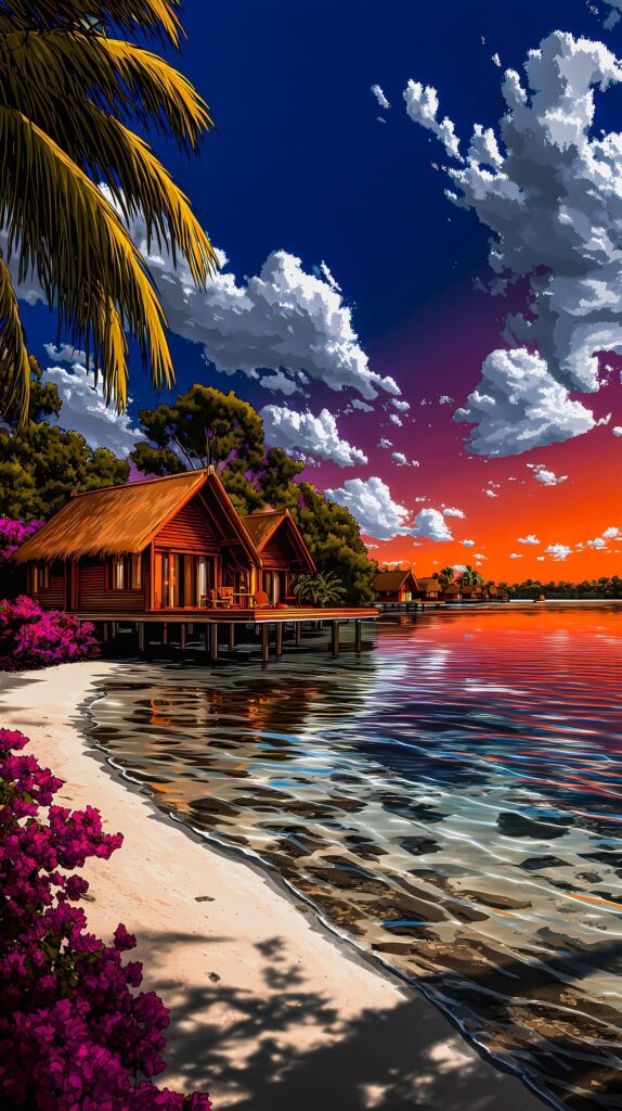 Overwater bungalows at sunset reflected in calm water with vibrant bougainvillea in the foreground.